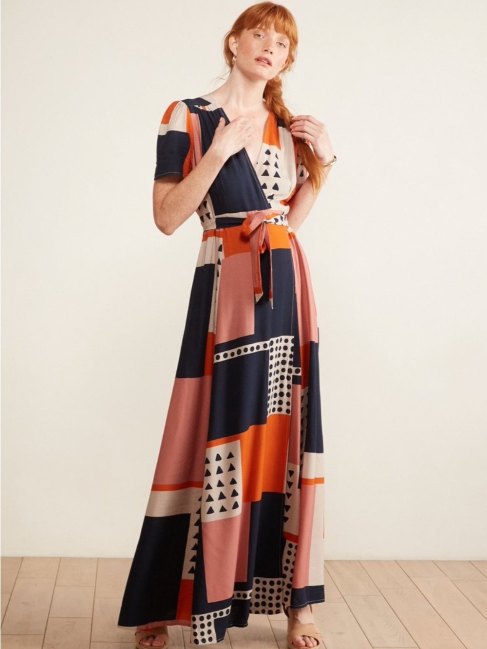 The Odells Wrap Maxi Dress Geometric Block Print Black, Rust & Blush